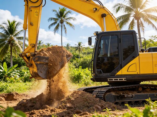 Excavadora trabajando en terreno tropical - servicios de excavación en República Dominicana